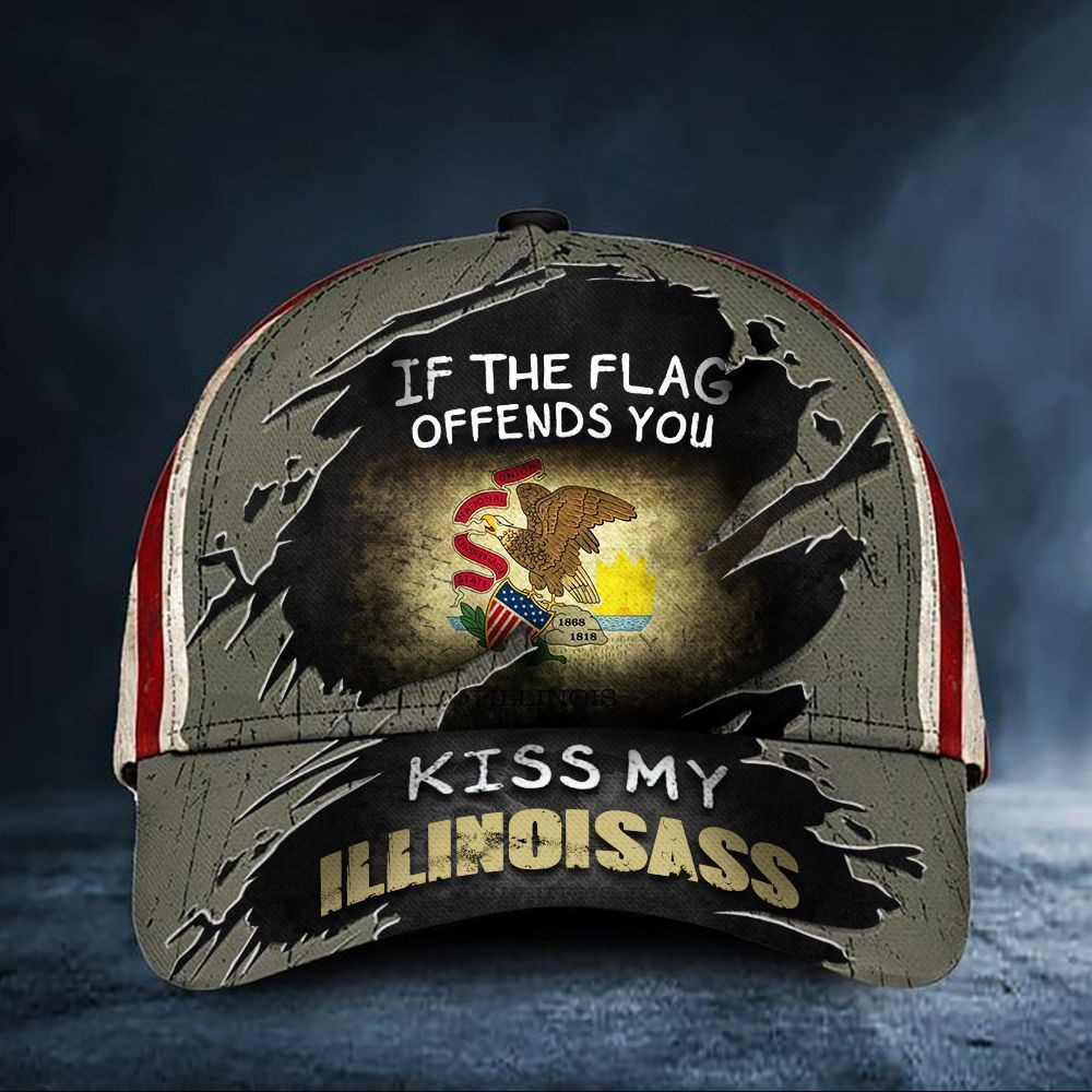 If The Flag Offends You Kiss My Illinoisass Cap USA Flag Vintage Hat Honor Illinois State Trucker Hats Custom Hats Gifts For Men & Women