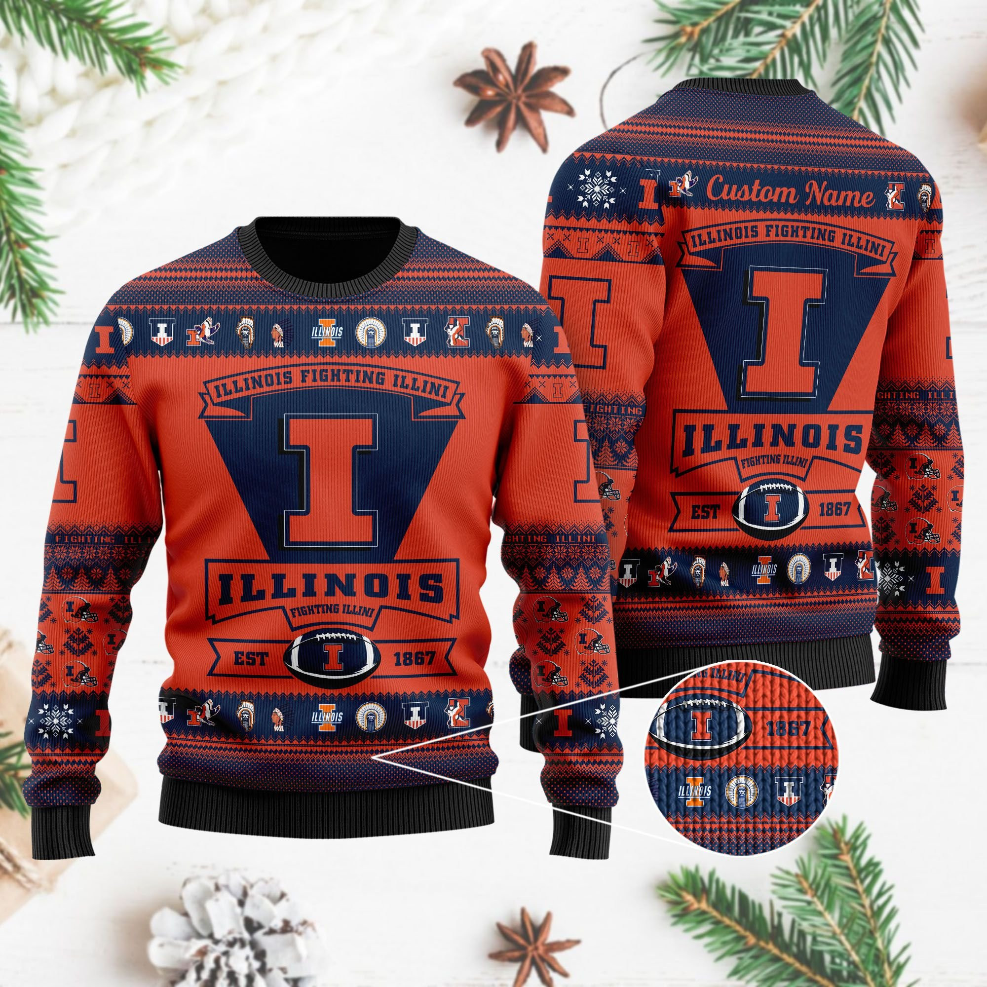 Illinois Fighting Illini Football Team Logo Personalized Ugly Christmas Sweater Adult 3D Funny Matching for family - Image 4