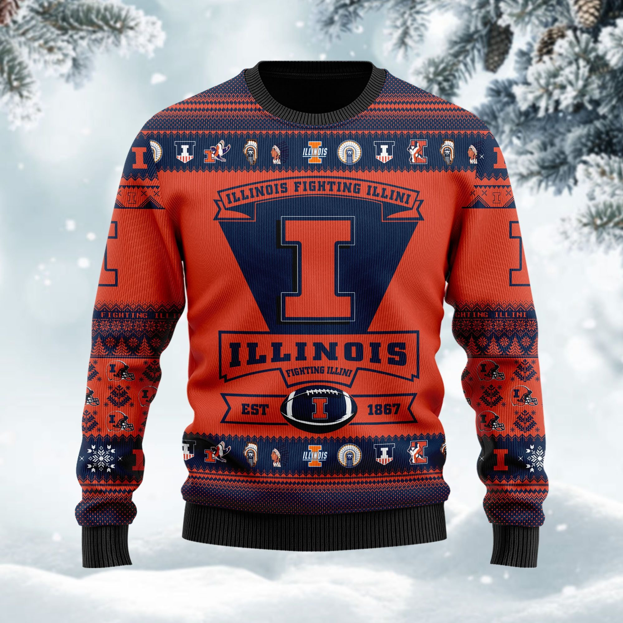 Illinois Fighting Illini Football Team Logo Personalized Ugly Christmas Sweater Adult 3D Funny Matching for family - Image 2