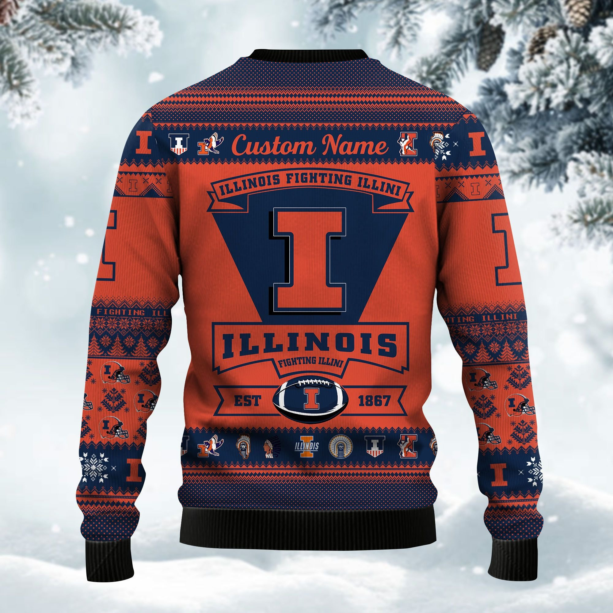 Illinois Fighting Illini Football Team Logo Personalized Ugly Christmas Sweater Adult 3D Funny Matching for family - Image 3