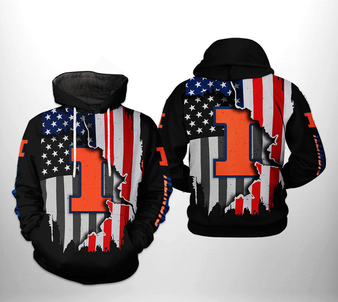 Illinois Fighting Illini NCAA US Flag 3D All Over Print Hoodie, Zip Hoodie