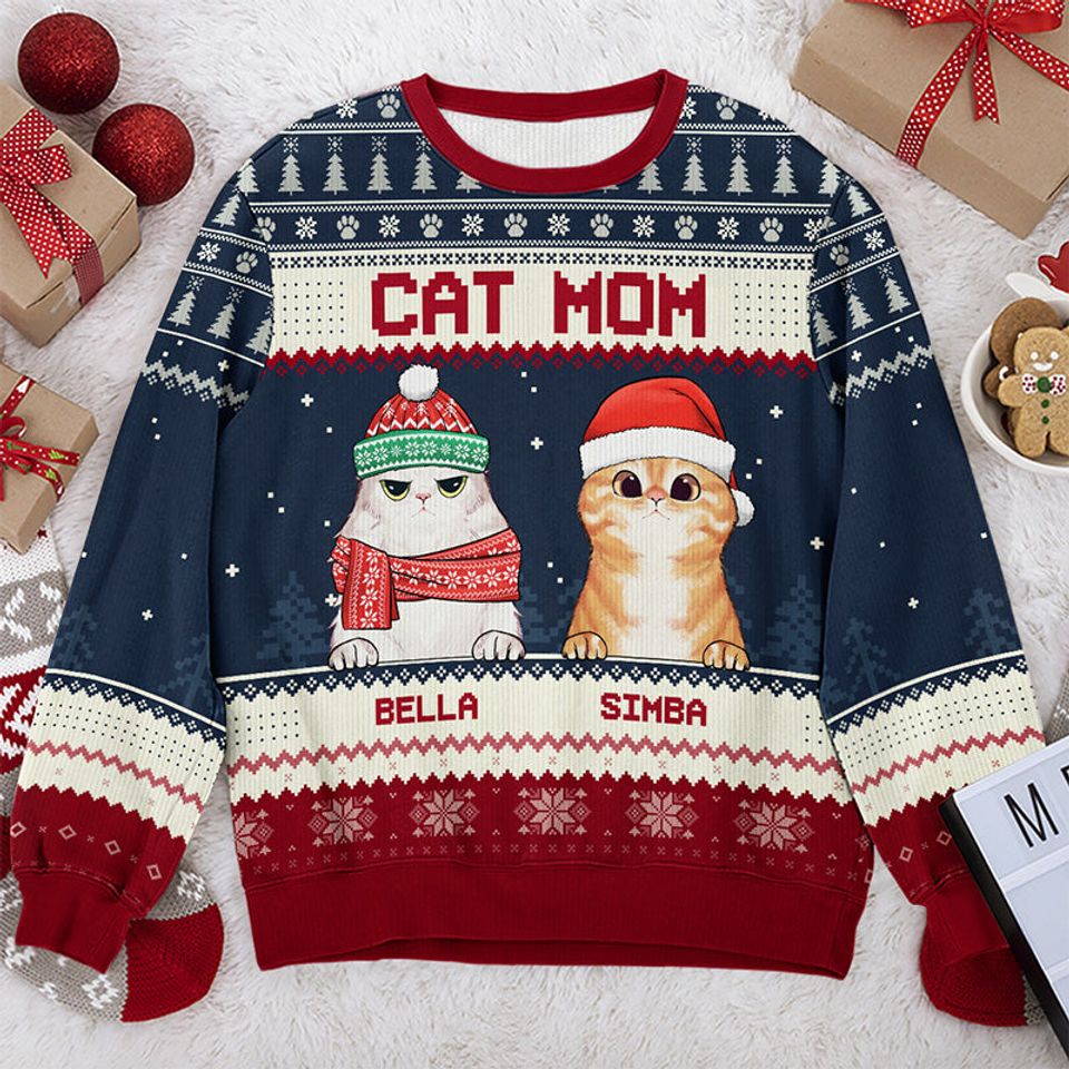 I'm A Cat Mom Christmas Gift For Pet Lover Unisex Wool Jumper Personalized Ugly Sweatshirt