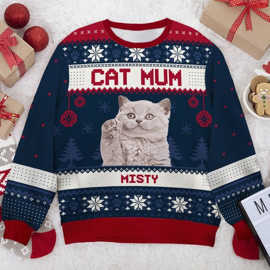 I'm A Cat Mum Custom Upload Photo Personalized Custom Unisex Ugly Christmas Sweatshirt - Image 4