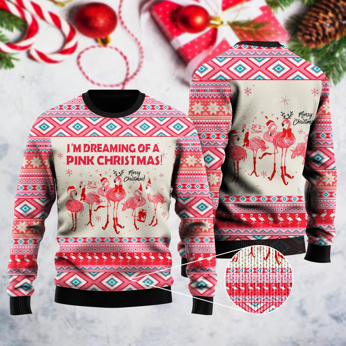 Im Dreaming Of A Pink Christmas Flamingo Ugly Christmas Sweater Adult 3D Funny Matching for family