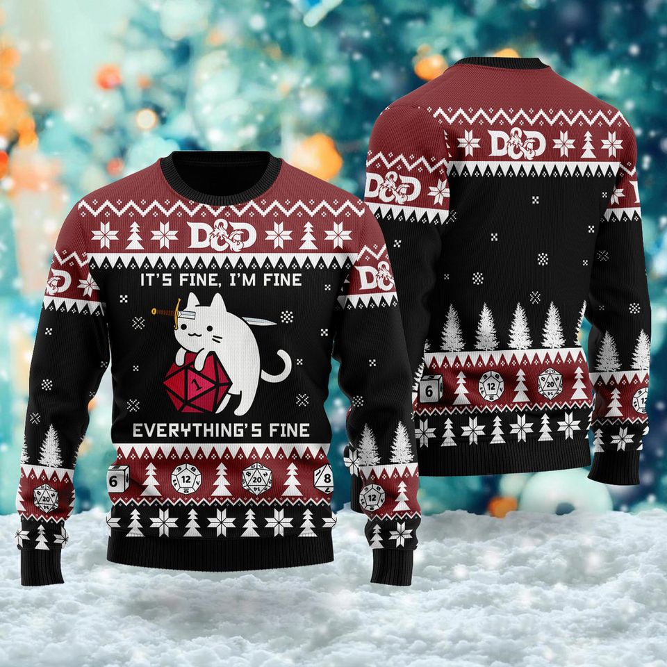I'm Fine Everything Is Fine Black Cat Ugly Sweatshirt, Cat Christmas Ugly Sweater