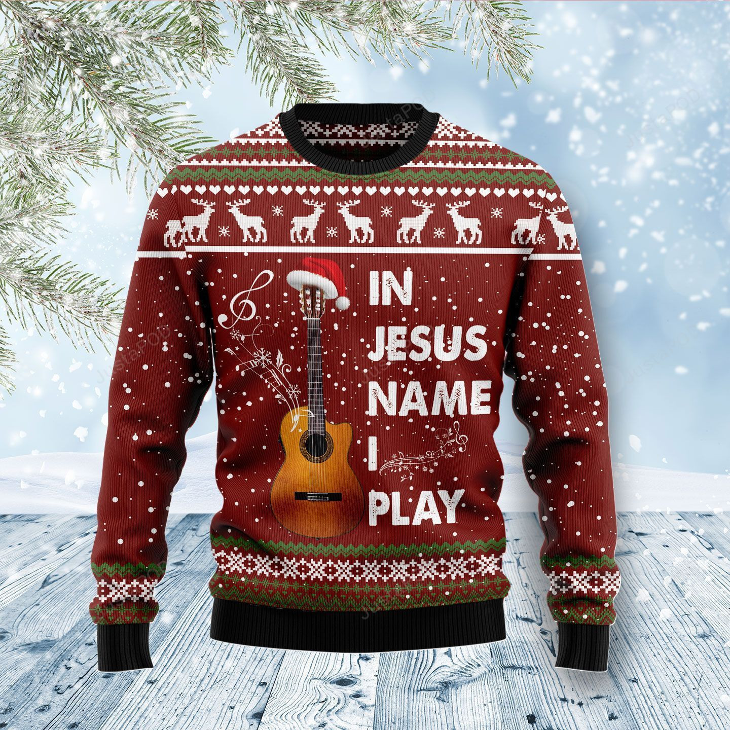 In Jesus Name I Play Guitar Christmas Ugly Christmas Sweater Adult 3D Funny Matching for family