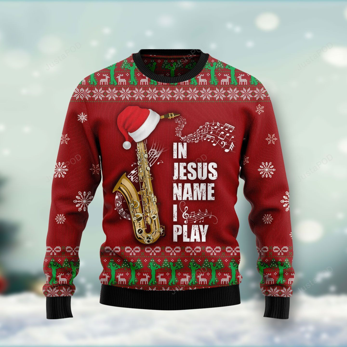 In Jesus Name I Play Saxophone Ugly Christmas Sweater Adult 3D Funny Matching for family