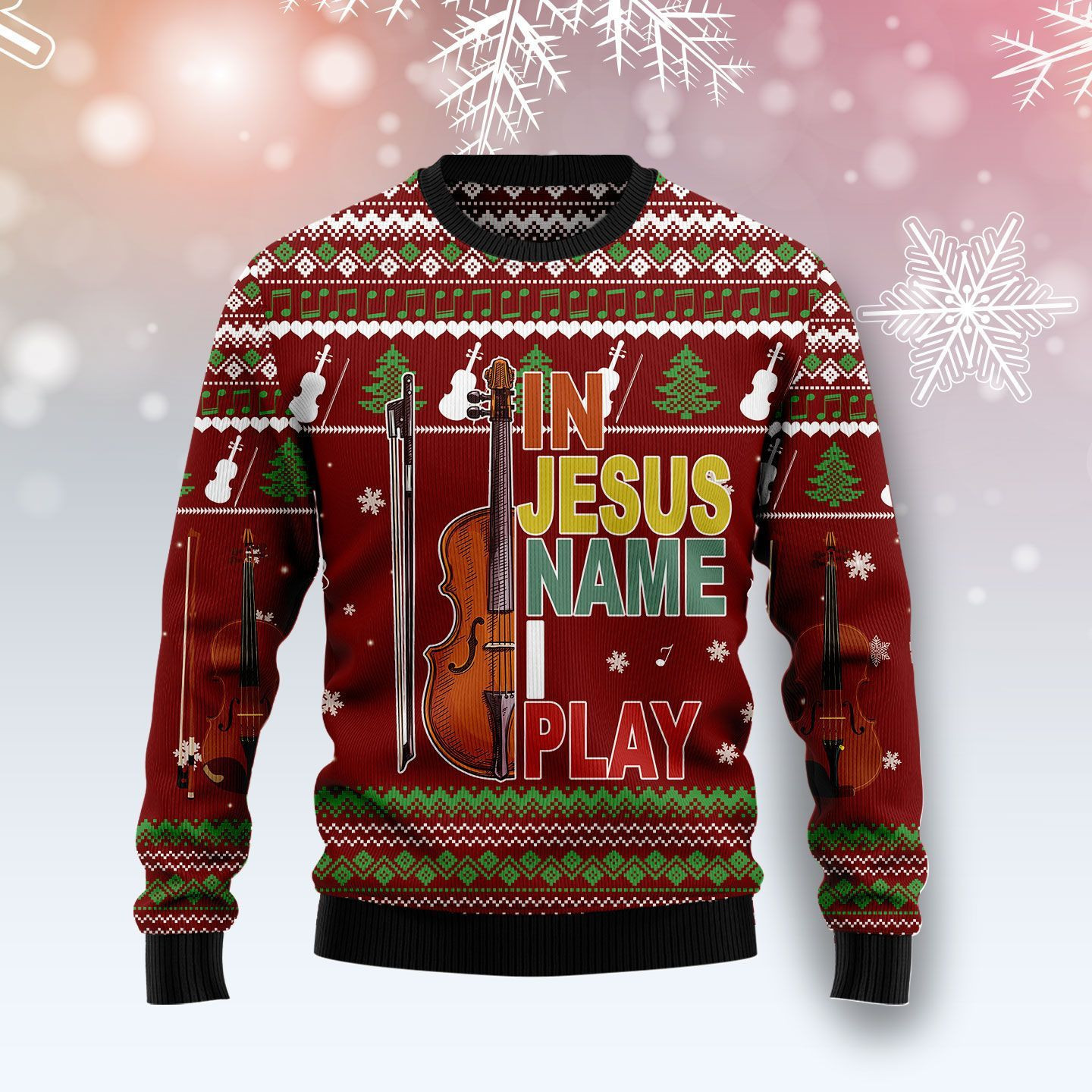 In Jesus Name Play Violin Ugly Christmas Sweater Adult 3D Funny Matching for family