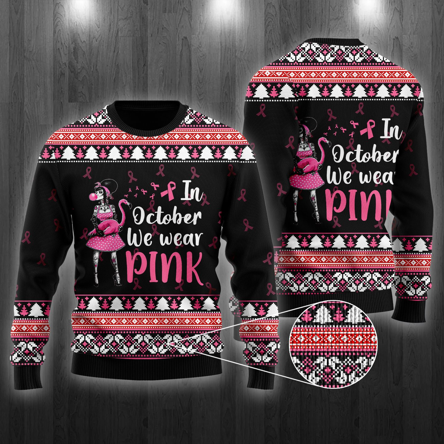In Octorber We Wear Pink Flamingo Ugly Christmas Sweater Adult 3D Funny Matching for family