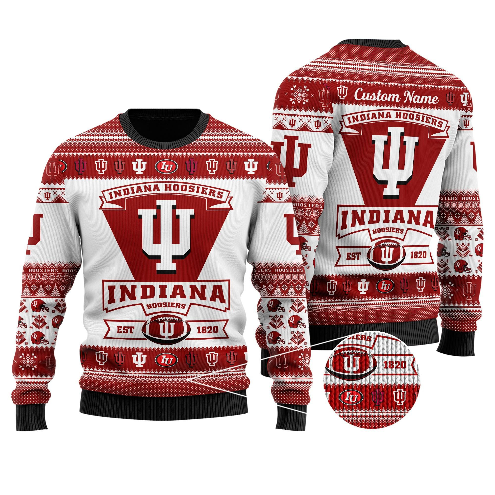 Indiana Hoosiers Football Team Logo Custom Name Personalized Ugly Christmas Sweater Adult 3D Funny Matching for family
