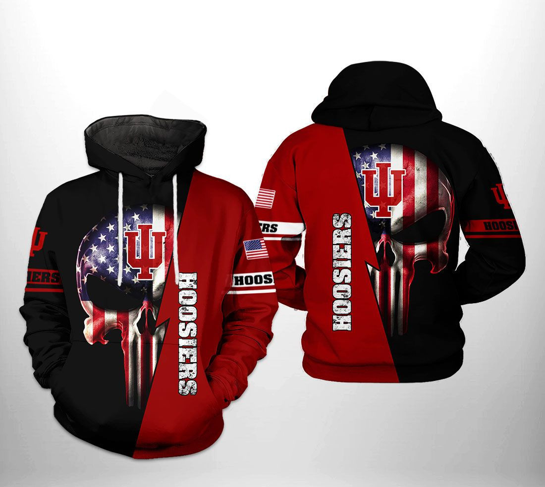 Indiana Hoosiers NCAA US Flag Skull 3D All Over Print Hoodie, Zip Hoodie