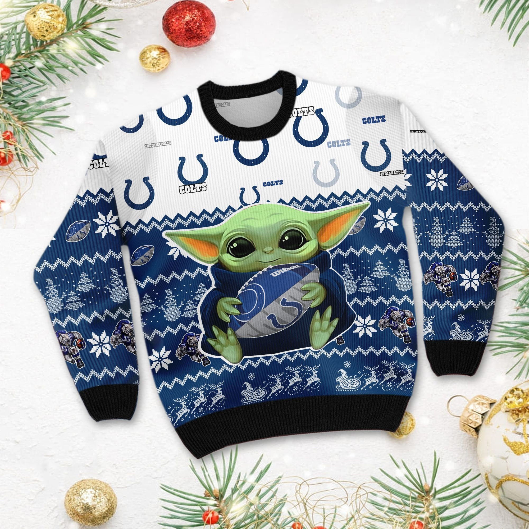 Indianapolis Colts Baby Yoda Ugly Christmas Sweater Adult 3D Funny Matching for family - Image 3