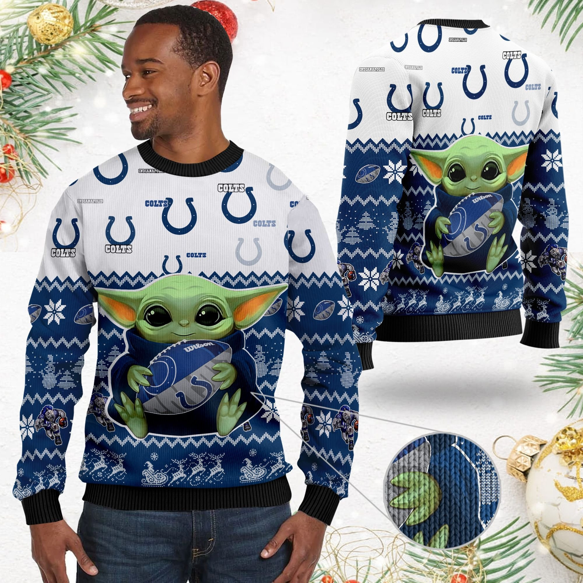 Indianapolis Colts Baby Yoda Ugly Christmas Sweater Adult 3D Funny Matching for family - Image 2