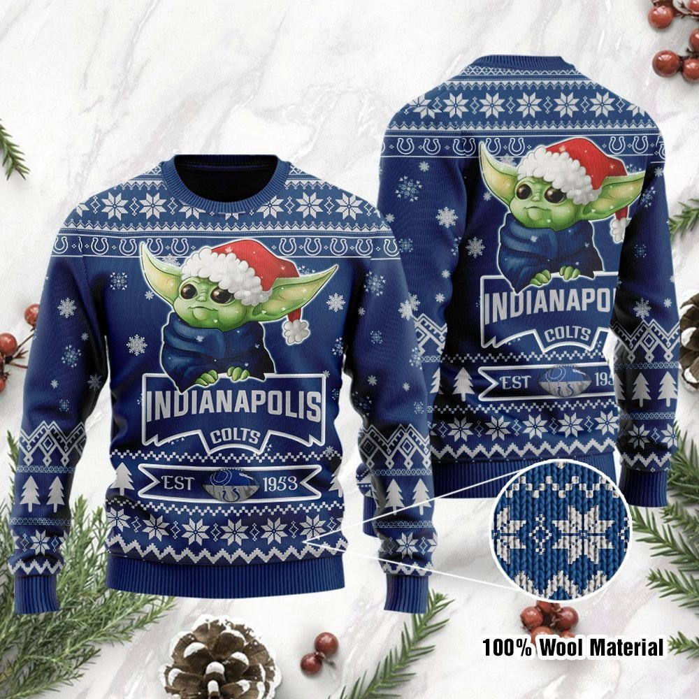 Indianapolis Colts Cute Baby Yoda Grogu Holiday Party Ugly Christmas Sweater Adult 3D Funny Matching for family