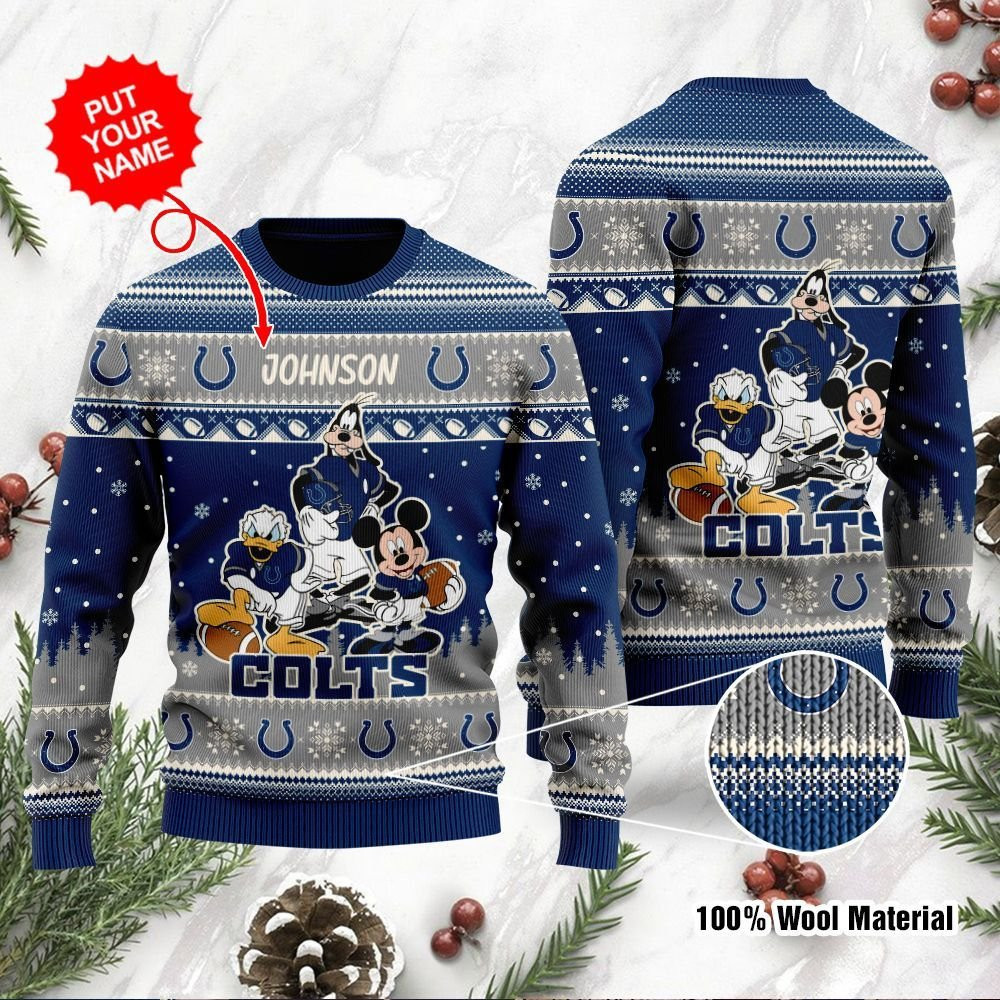 Indianapolis Colts Disney Donald Duck Mickey Mouse Goofy Personalized Ugly Christmas Sweater Adult 3D Funny Matching for family