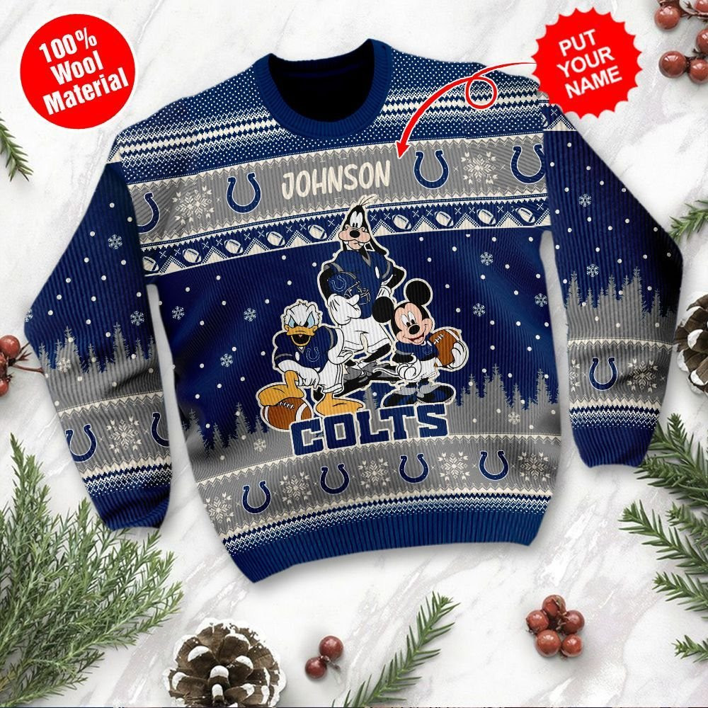 Indianapolis Colts Disney Donald Duck Mickey Mouse Goofy Personalized Ugly Christmas Sweater Adult 3D Funny Matching for family - Image 2