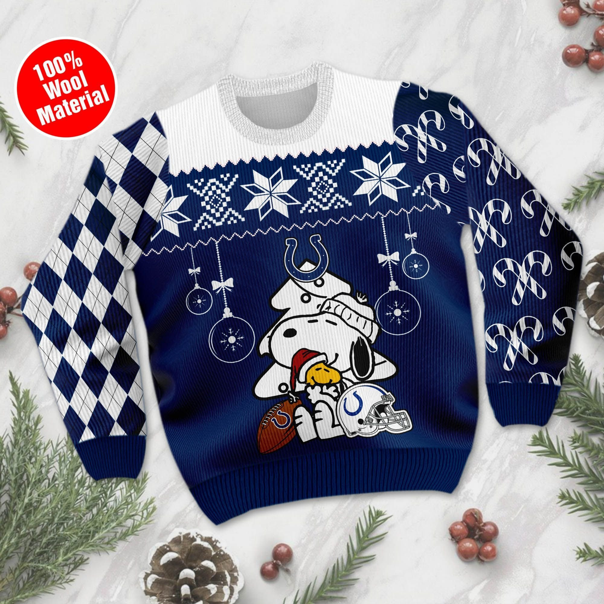 Indianapolis Colts Funny Charlie Brown Peanuts Snoopy Ugly Christmas Sweater Adult 3D Funny Matching for family - Image 2