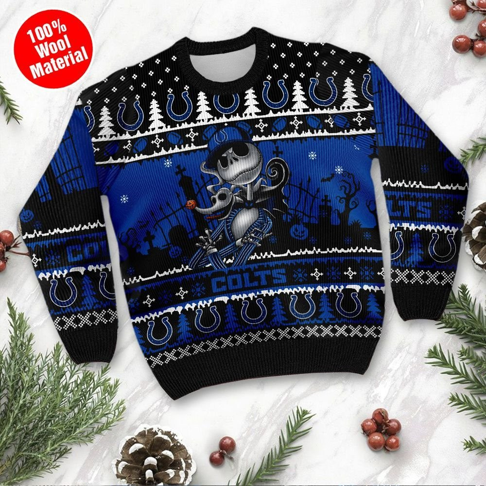 Indianapolis Colts Jack Skellington Halloween Ugly Christmas Sweater Adult 3D Funny Matching for family - Image 2