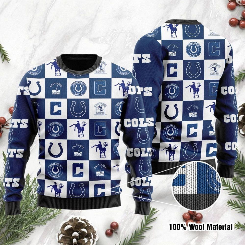 Indianapolis Colts Logo Checkered Flannel Design Ugly Christmas Sweater Adult 3D Funny Matching for family