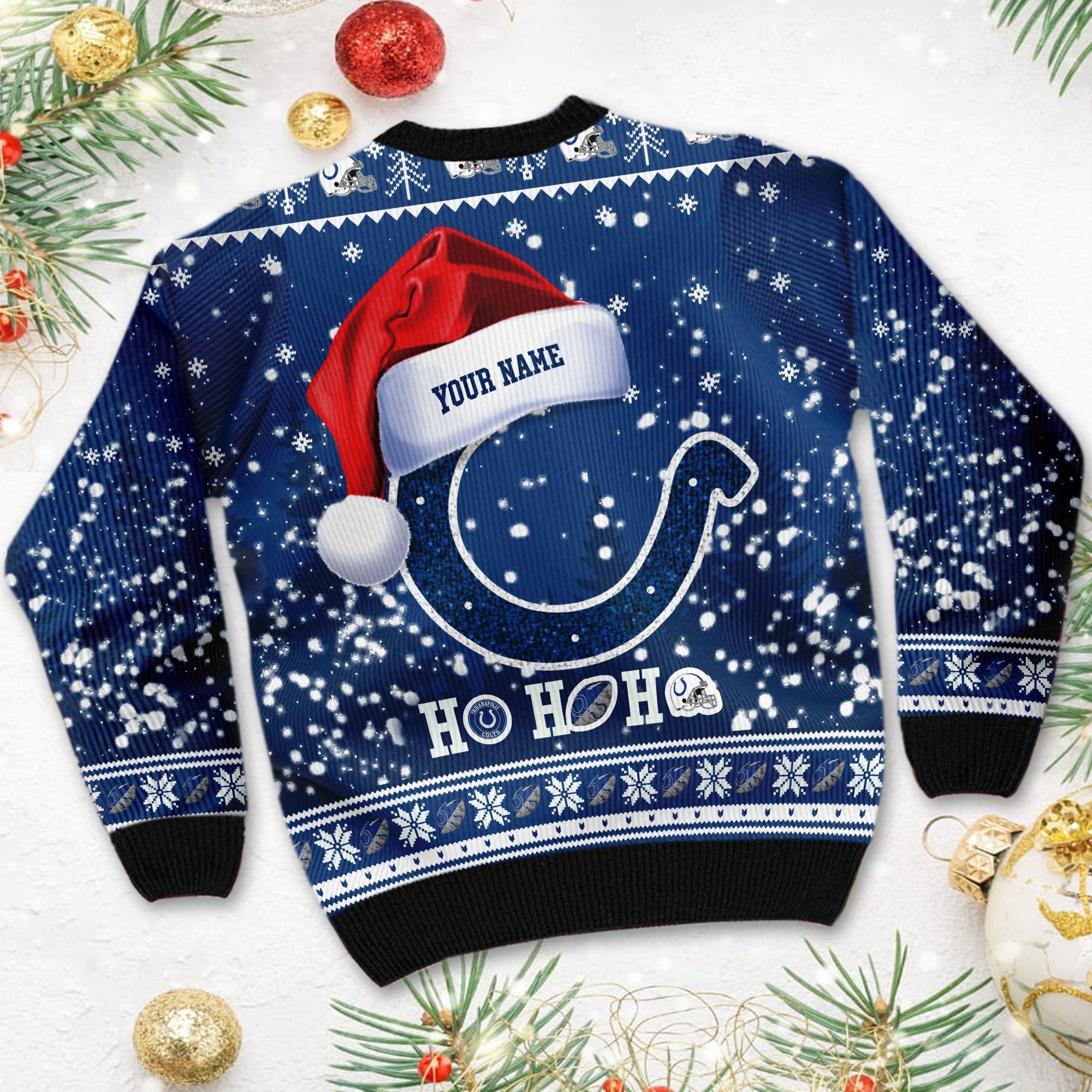 Indianapolis Colts Symbol Wearing Santa Claus Hat Ho Ho Ho Personalized Ugly Christmas Sweater Adult 3D Funny Matching for family - Image 4