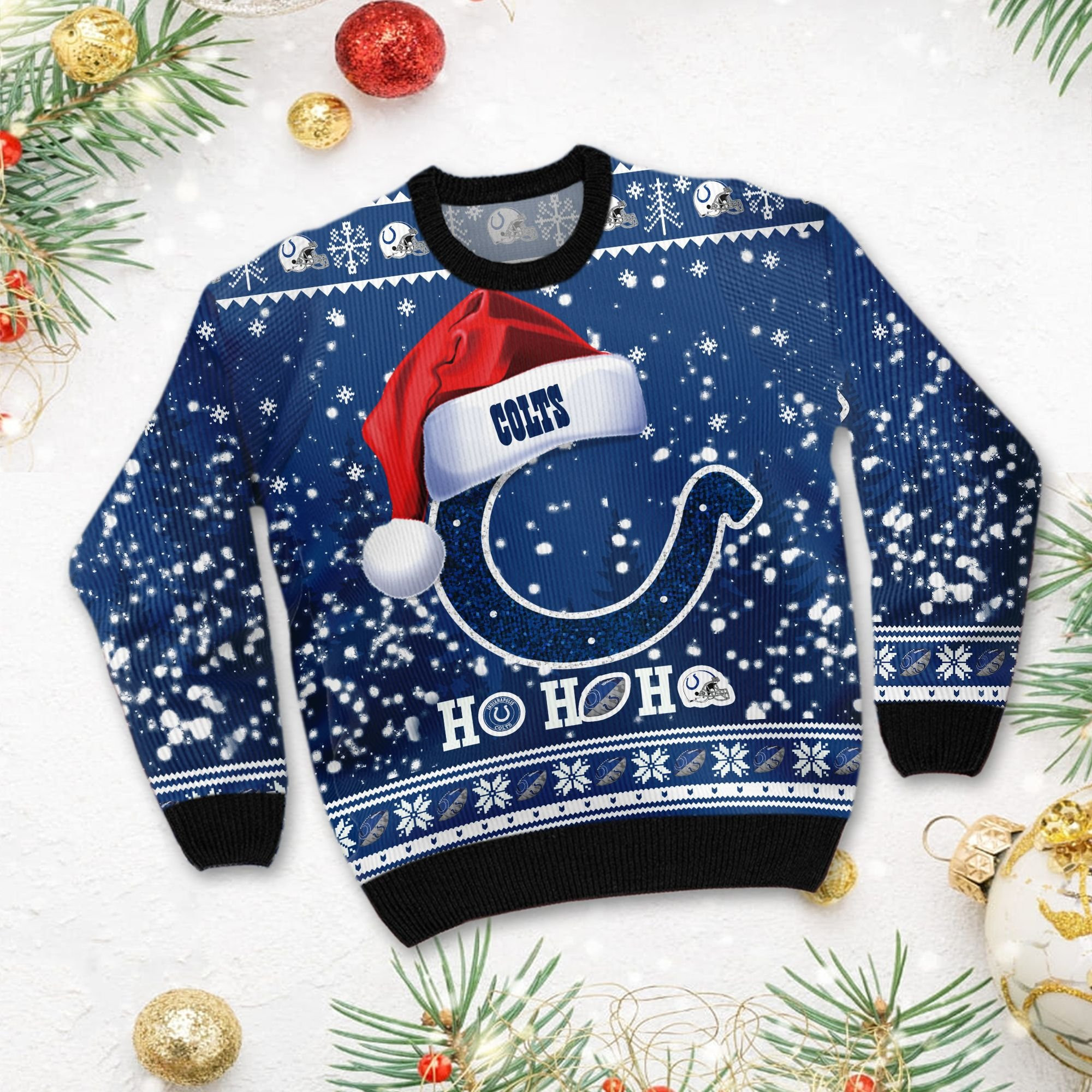 Indianapolis Colts Symbol Wearing Santa Claus Hat Ho Ho Ho Personalized Ugly Christmas Sweater Adult 3D Funny Matching for family - Image 3