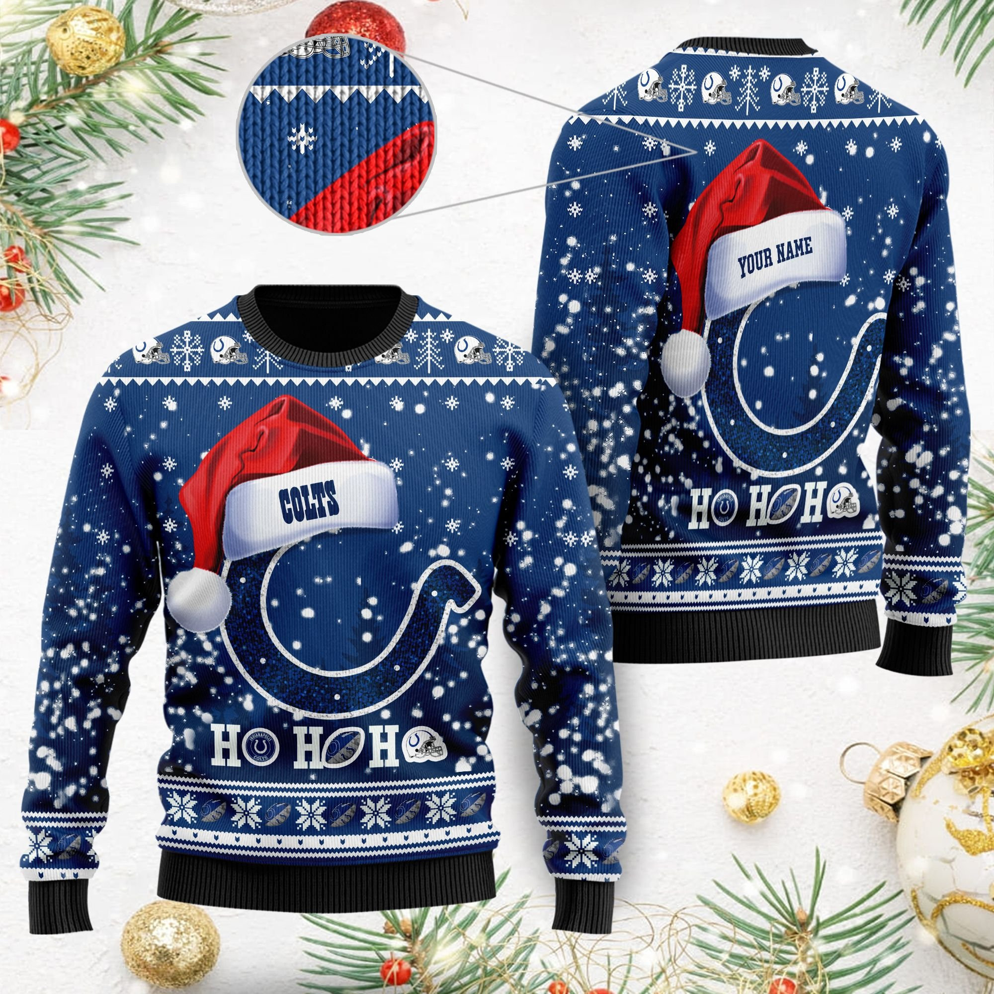 Indianapolis Colts Symbol Wearing Santa Claus Hat Ho Ho Ho Personalized Ugly Christmas Sweater Adult 3D Funny Matching for family