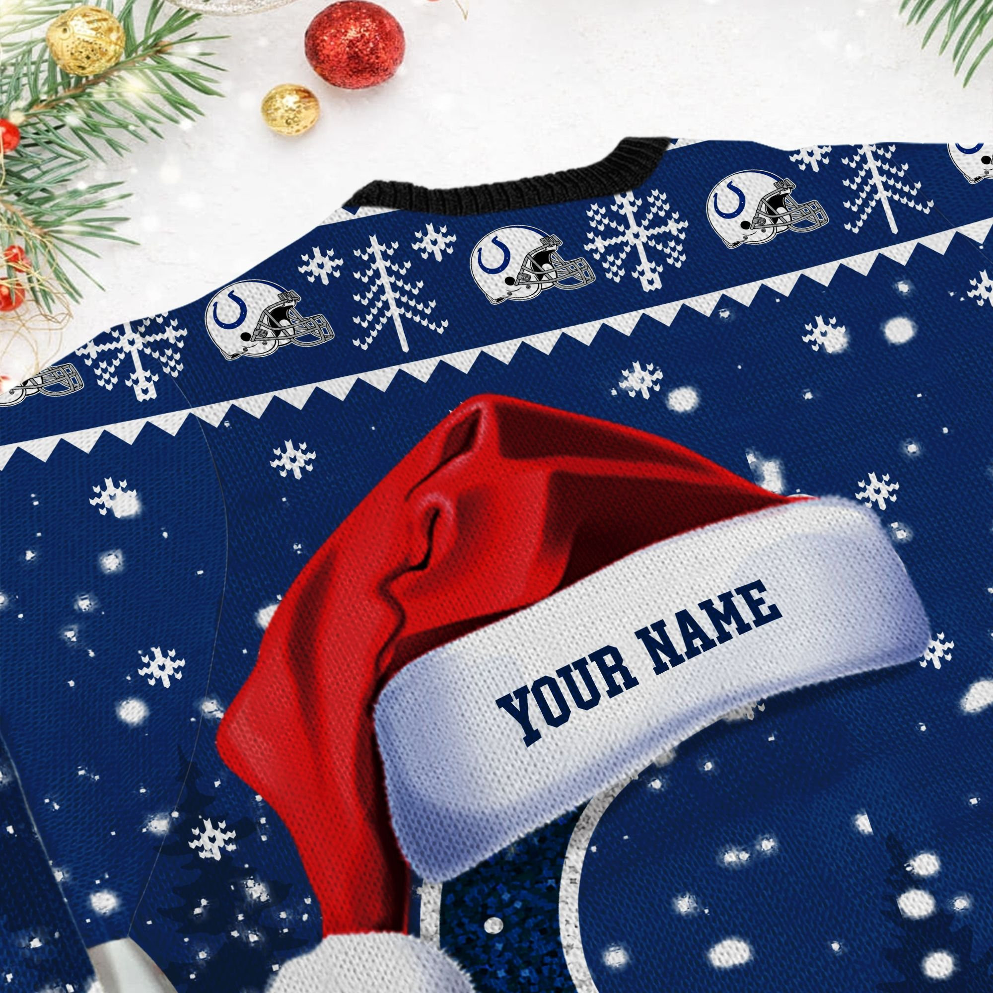 Indianapolis Colts Symbol Wearing Santa Claus Hat Ho Ho Ho Personalized Ugly Christmas Sweater Adult 3D Funny Matching for family - Image 6