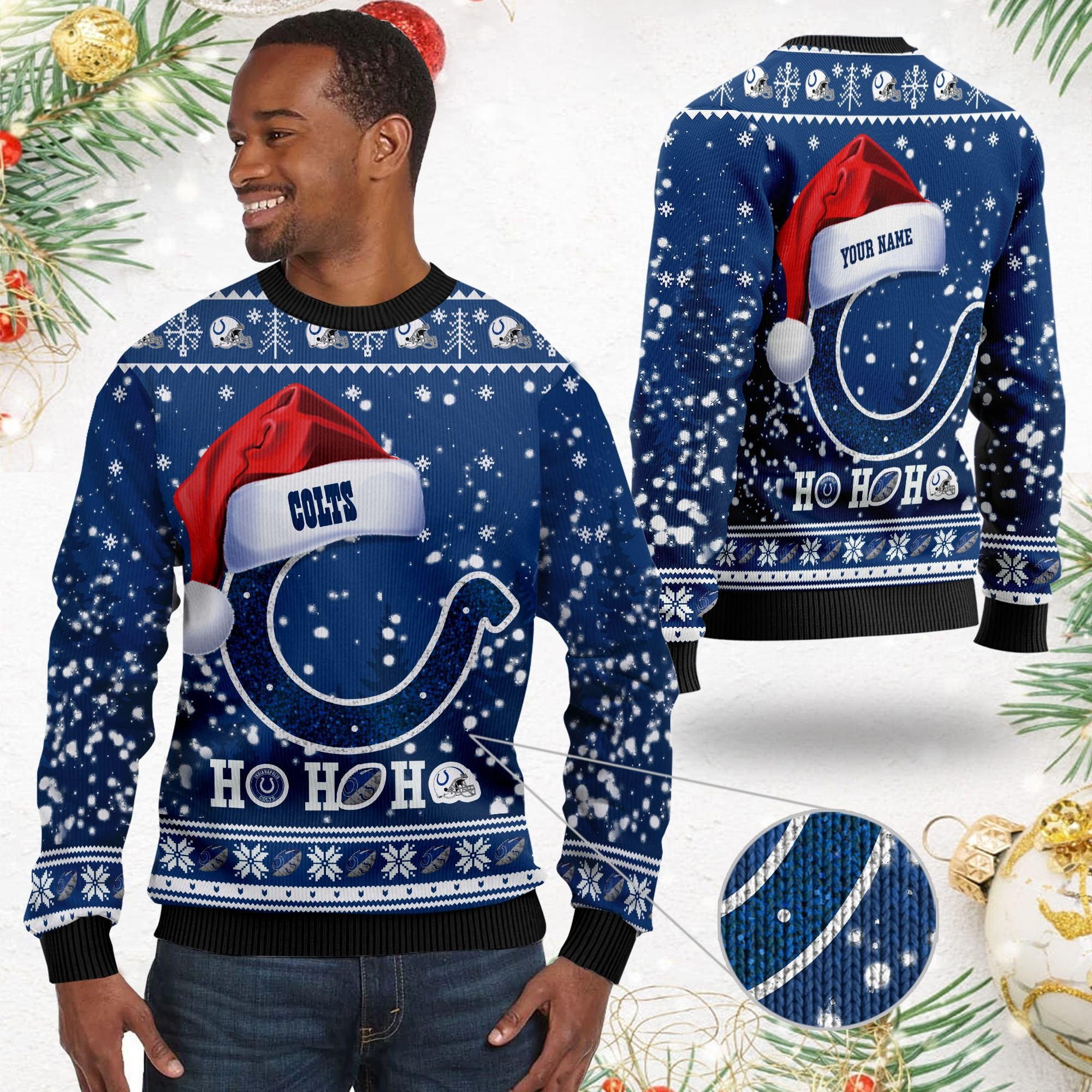Indianapolis Colts Symbol Wearing Santa Claus Hat Ho Ho Ho Personalized Ugly Christmas Sweater Adult 3D Funny Matching for family - Image 2
