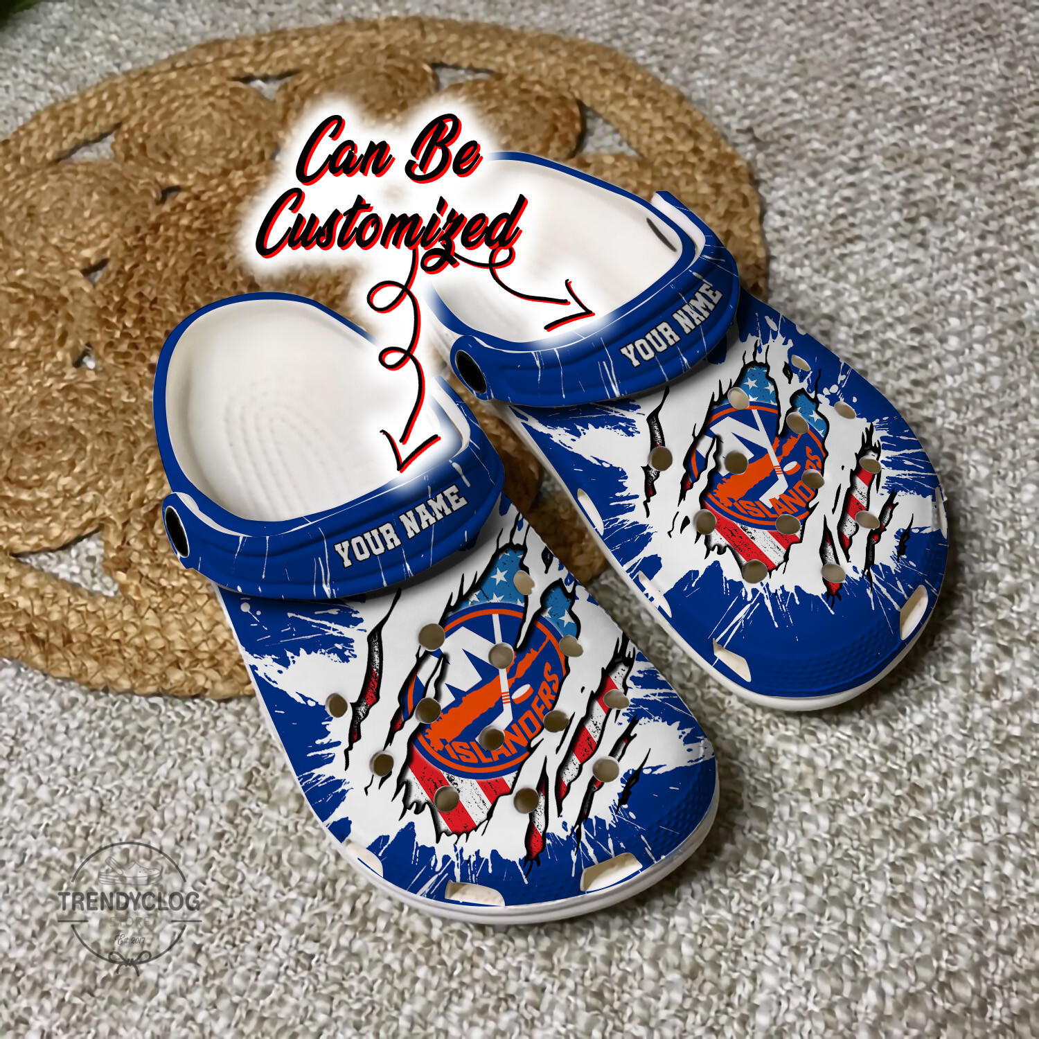 Islanders Personalized NY Islanders Hockey Ripped American Flag Clog Shoes