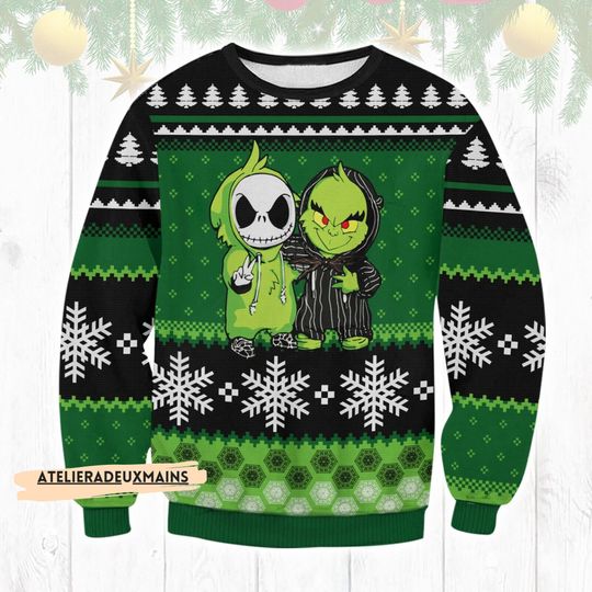 Jack And funny character Ugly Christmas Sweater, Funny Grinchs Lovers Ugly Sweater - Image 3