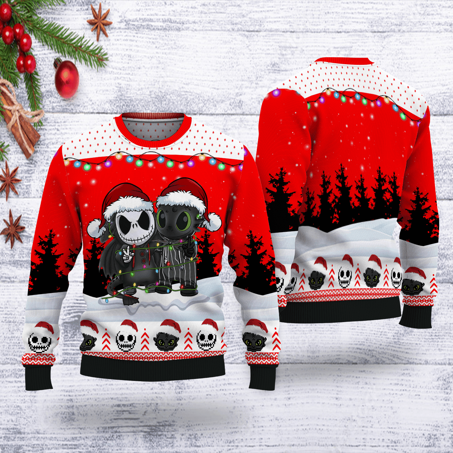 Jack Skellington And Toothless Ugly Christmas Sweater Adult 3D Funny Matching for family
