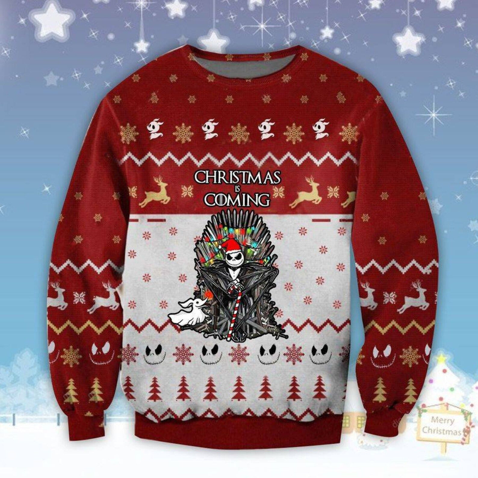 Jack Skellington Christmas Is Coming Ugly Christmas Sweater Adult 3D Funny Matching for family