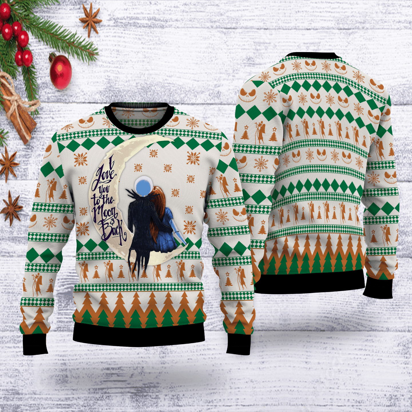 Jack Skellington I Love You To The Moon And Back Ugly Christmas Sweater Adult 3D Funny Matching for family