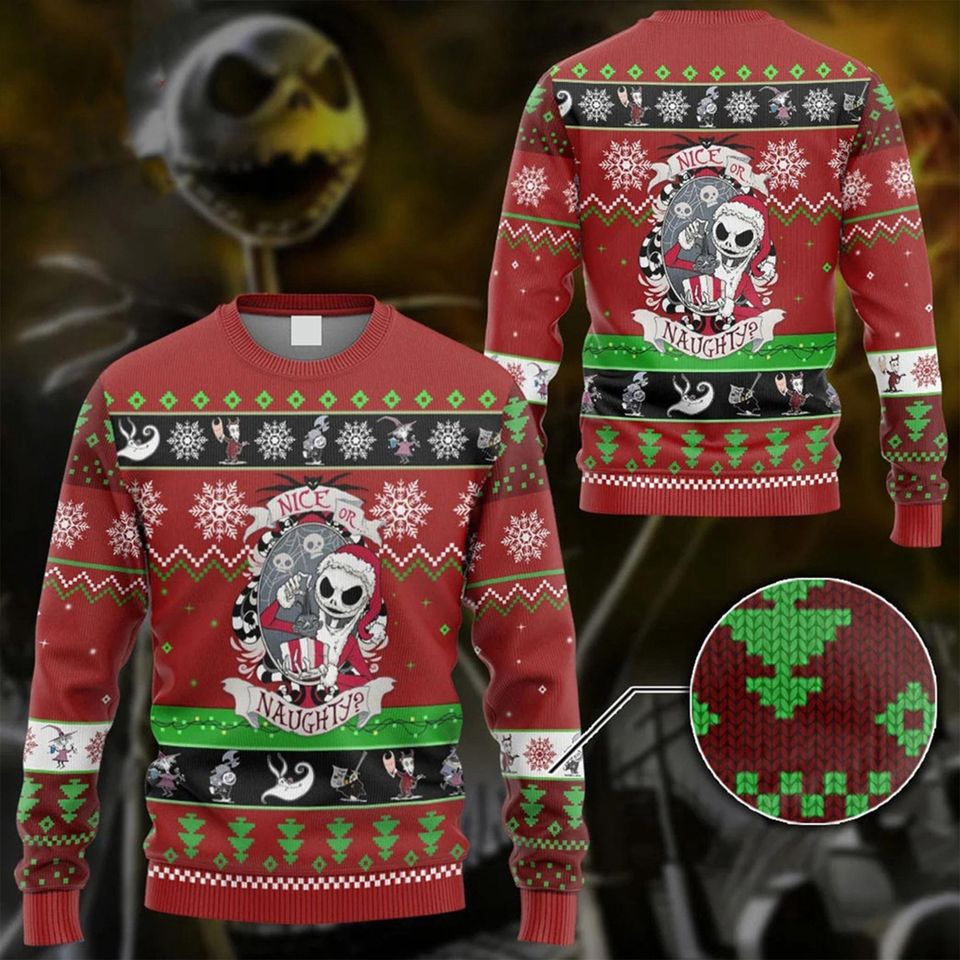 Jack Skellingtong Nice Or Naughty Ugly Christmas Sweater