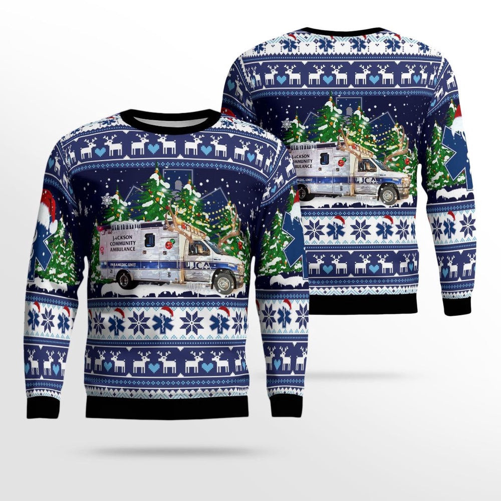 Jackson Michigan Jackson Community Ambulance AOP Ugly Sweater Xmas Unisex Sweater Christmas Gifts For Men Women