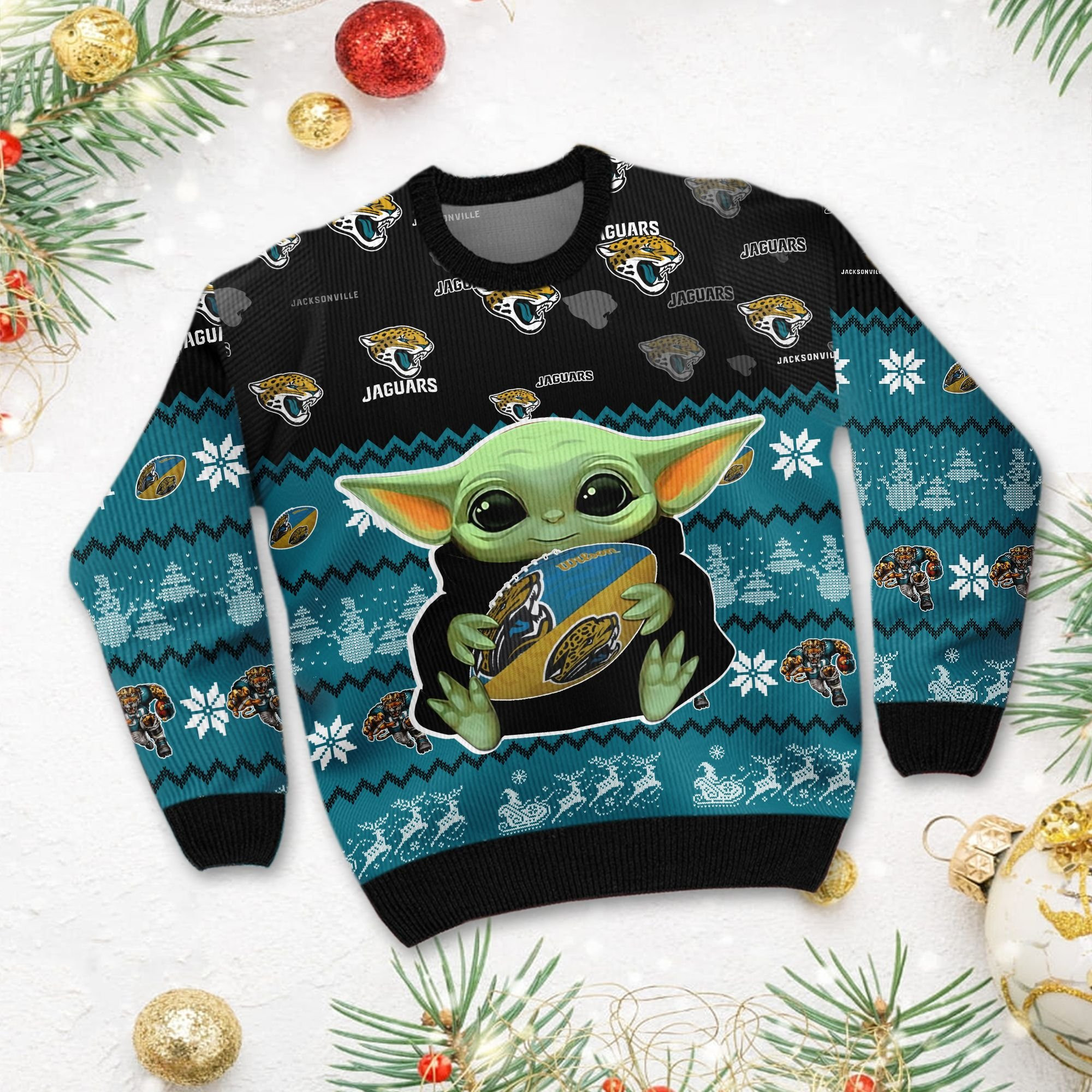 Jacksonville Jaguars Baby Yoda Shirt For American Football Fans Ugly Christmas Sweater Adult 3D Funny Matching for family - Image 3