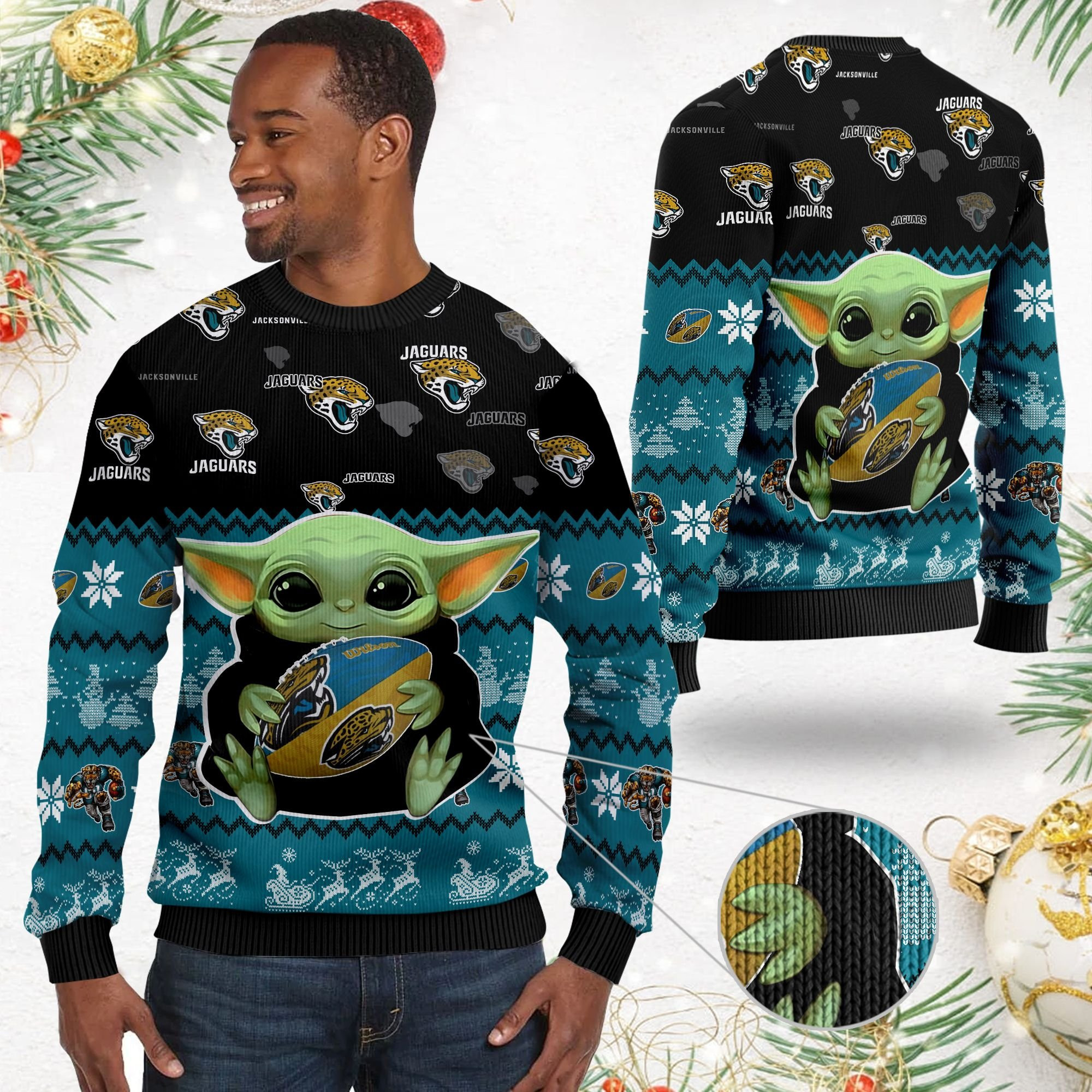 Jacksonville Jaguars Baby Yoda Shirt For American Football Fans Ugly Christmas Sweater Adult 3D Funny Matching for family - Image 2