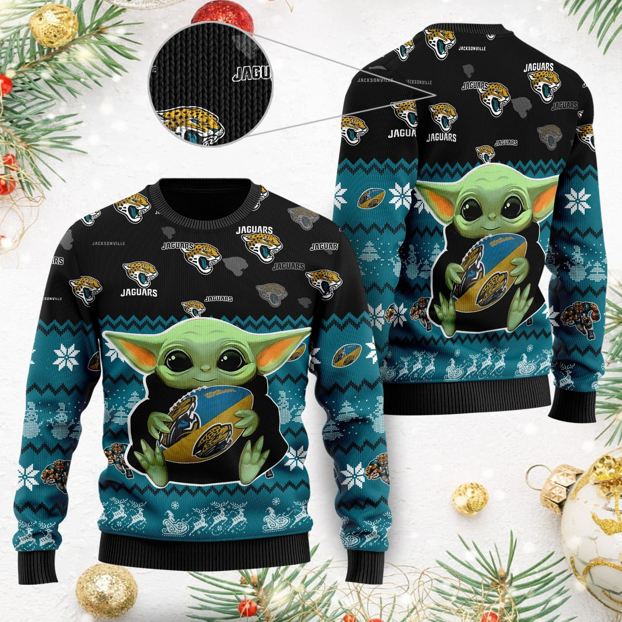 Jacksonville Jaguars Baby Yoda Ugly Christmas Sweater Adult 3D Funny Matching for family