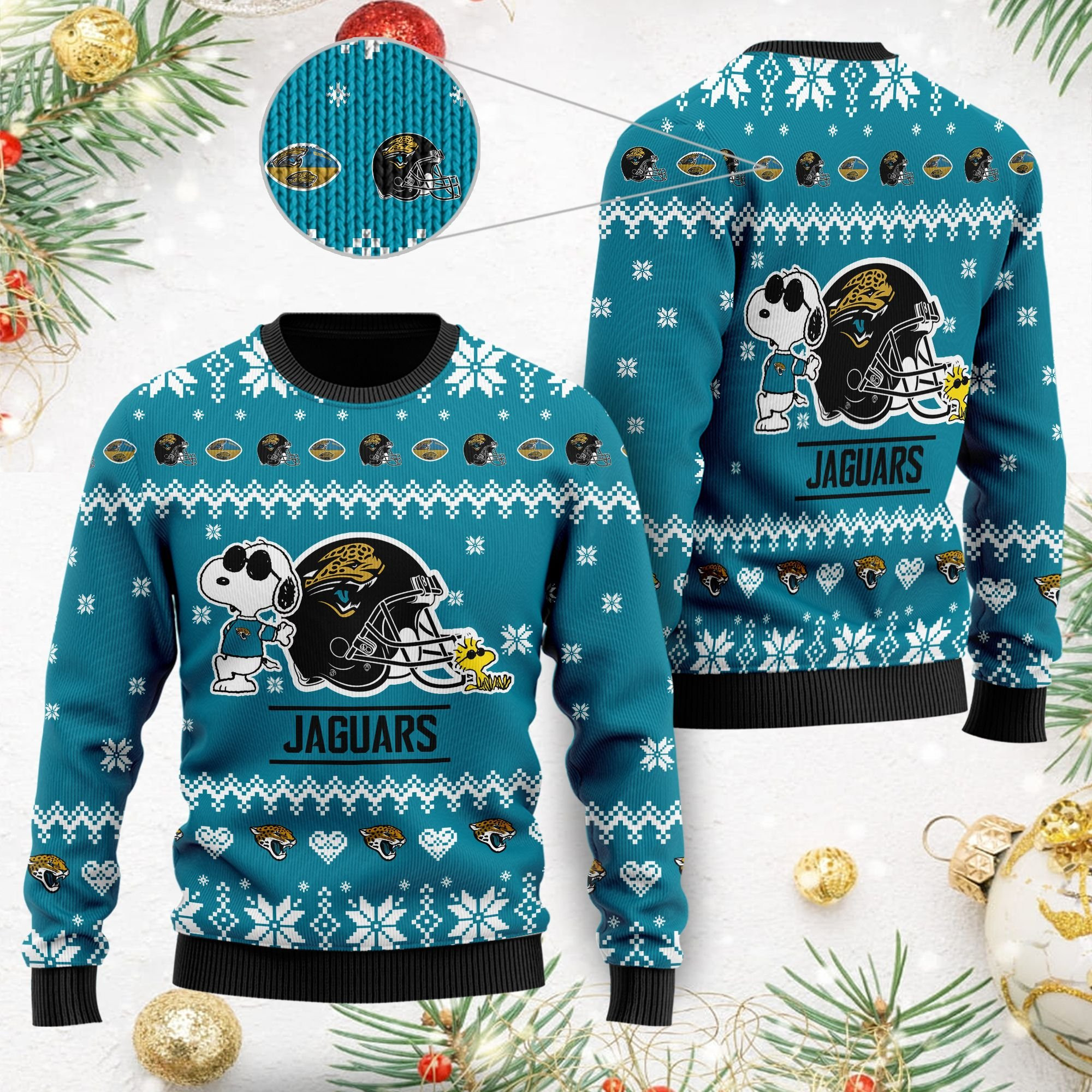 Jacksonville Jaguars Cute The Snoopy Show Football Helmet 3D Ugly Christmas Sweater Adult 3D Funny Matching for family