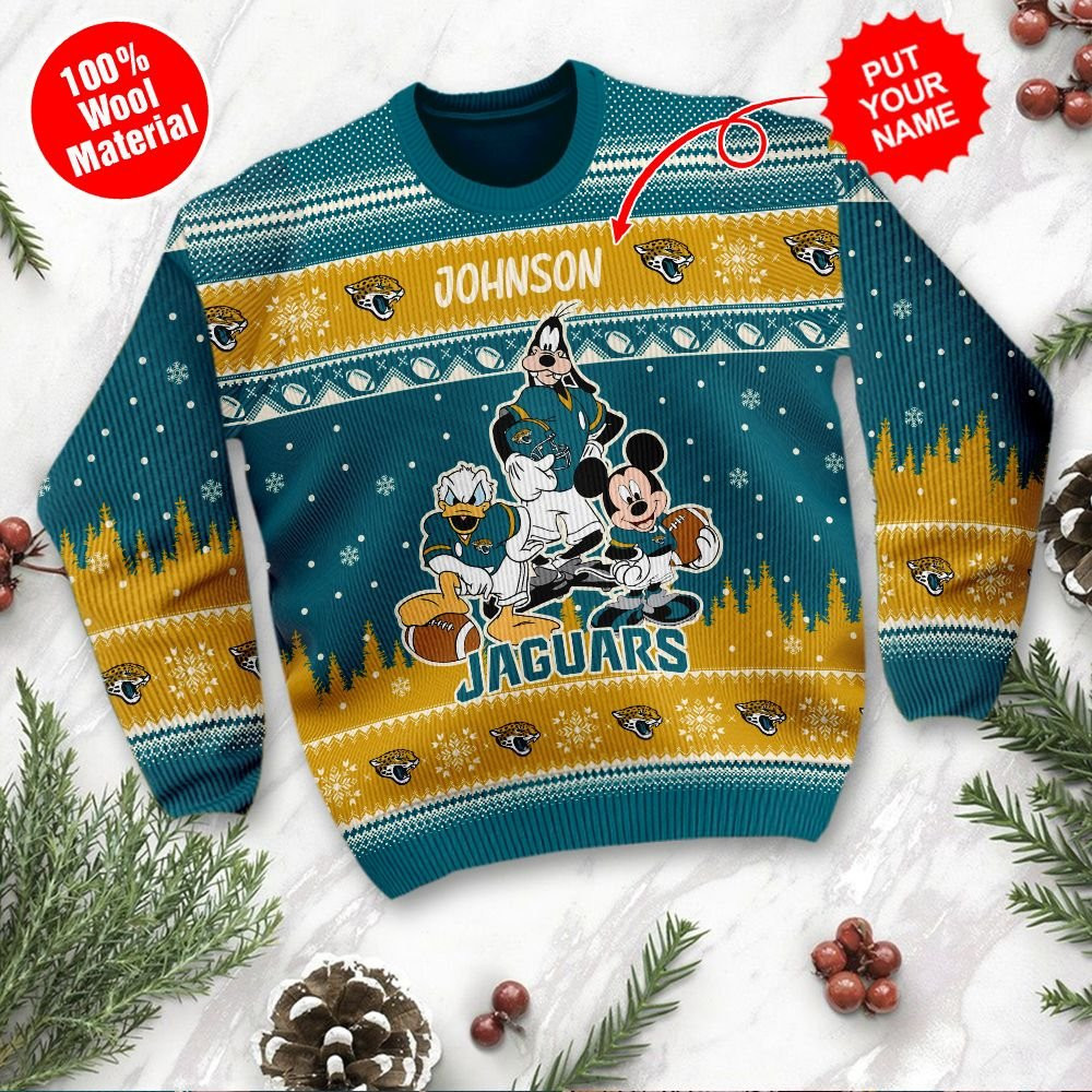 Jacksonville Jaguars Disney Donald Duck Mickey Mouse Goofy Personalized Ugly Christmas Sweater Adult 3D Funny Matching for family - Image 2