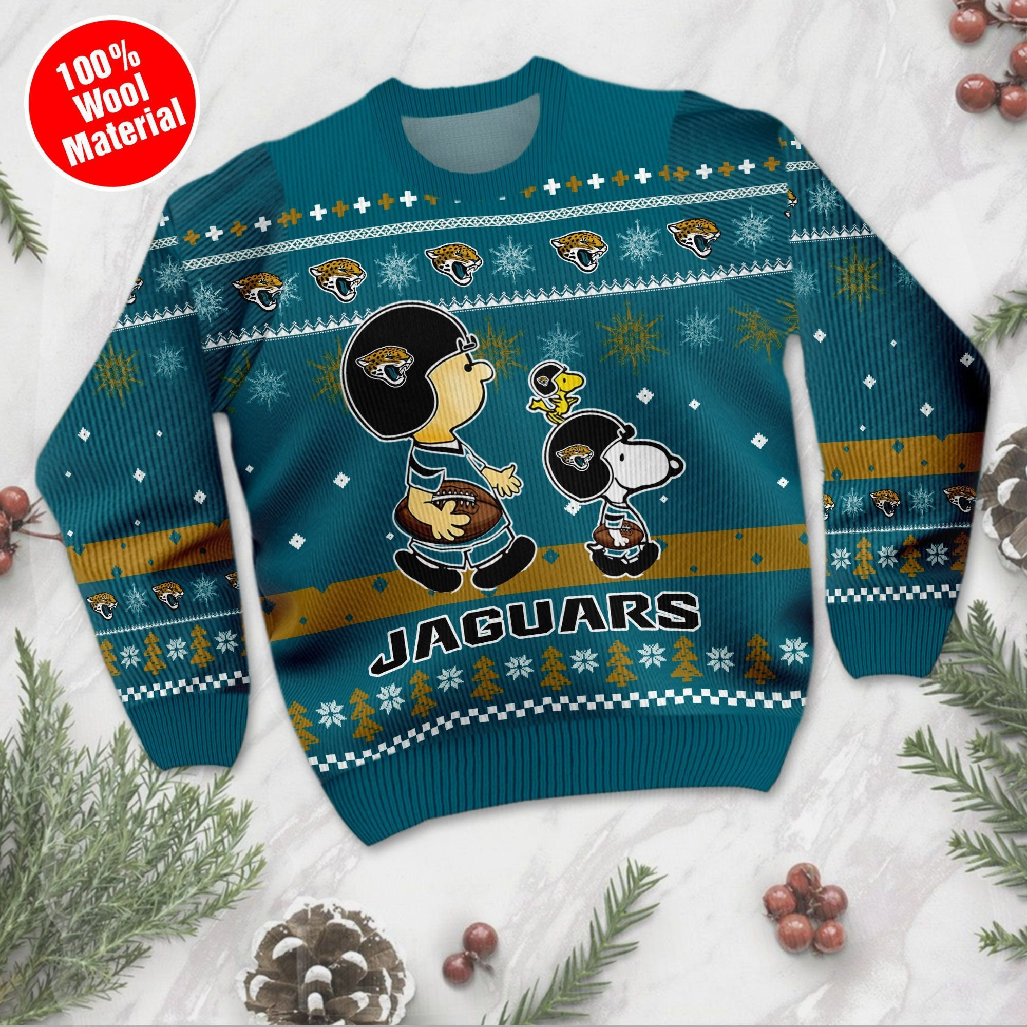 Jacksonville Jaguars Funny Charlie Brown Peanuts Snoopy Ugly Christmas Sweater Adult 3D Funny Matching for family - Image 2