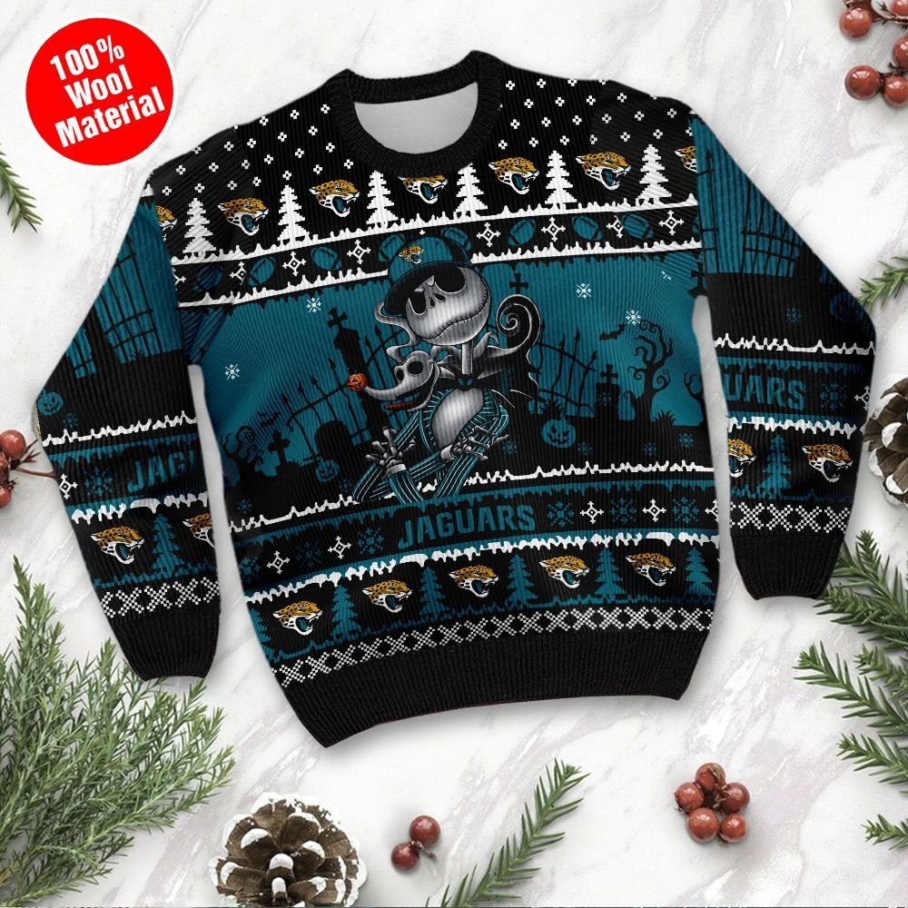 Jacksonville Jaguars Jack Skellington Halloween Holiday Party Ugly Christmas Sweater Adult 3D Funny Matching for family - Image 2