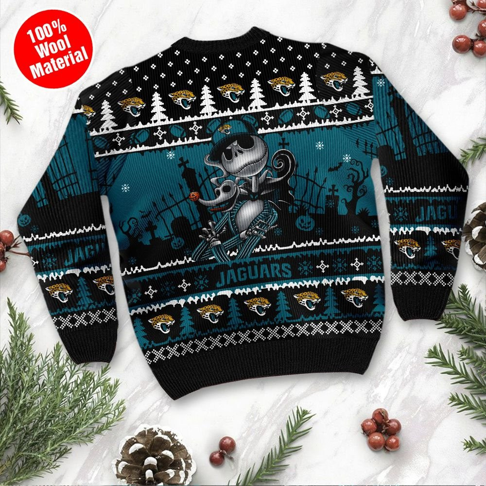 Jacksonville Jaguars Jack Skellington Halloween Holiday Party Ugly Christmas Sweater Adult 3D Funny Matching for family - Image 3