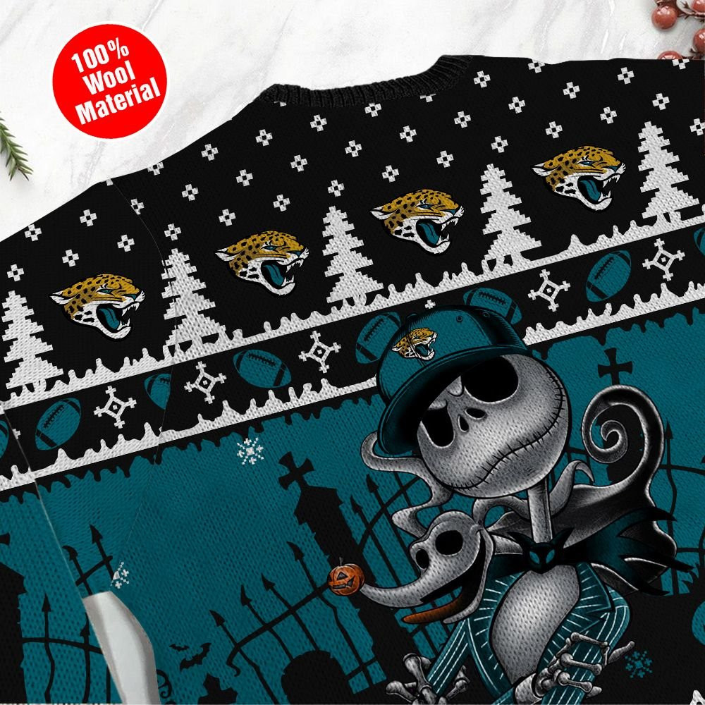 Jacksonville Jaguars Jack Skellington Halloween Holiday Party Ugly Christmas Sweater Adult 3D Funny Matching for family - Image 5
