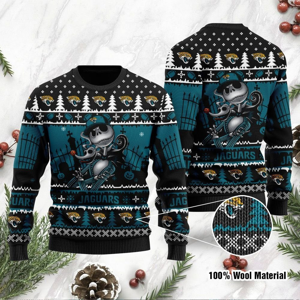 Jacksonville Jaguars Jack Skellington Halloween Ugly Christmas Sweater Adult 3D Funny Matching for family