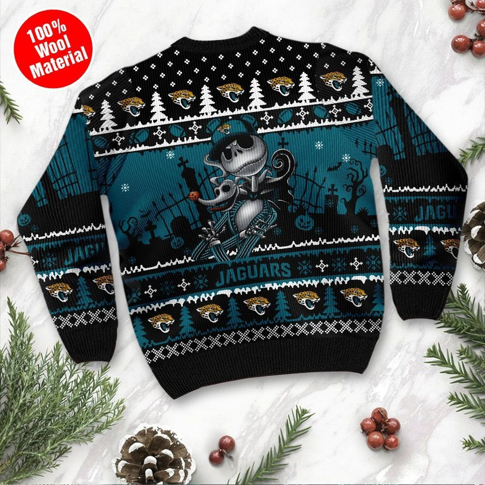 Jacksonville Jaguars Jack Skellington Halloween Ugly Christmas Sweater Adult 3D Funny Matching for family - Image 3