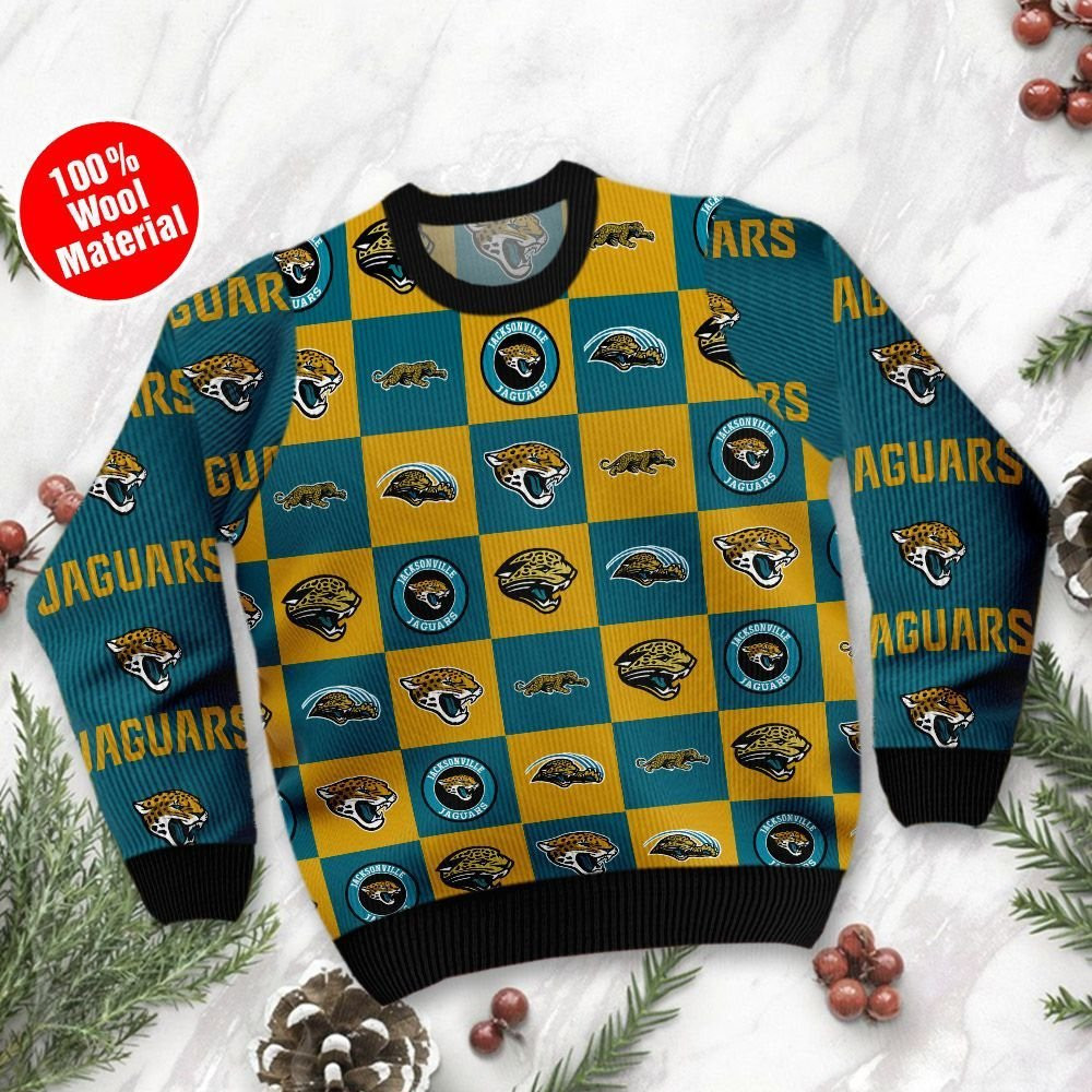 Jacksonville Jaguars Logo Checkered Flannel Design Ugly Christmas Sweater Adult 3D Funny Matching for family - Image 2