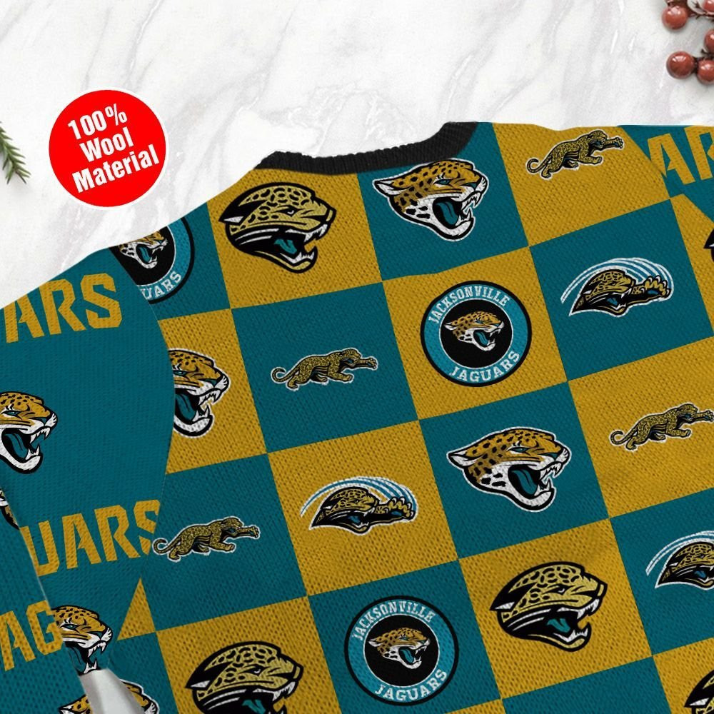 Jacksonville Jaguars Logo Checkered Flannel Design Ugly Christmas Sweater Adult 3D Funny Matching for family - Image 5