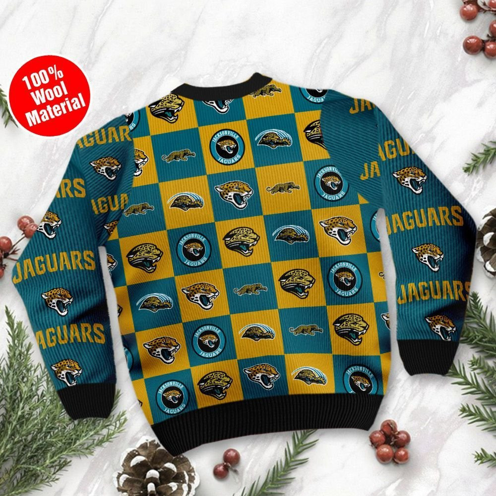 Jacksonville Jaguars Logo Checkered Flannel Design Ugly Christmas Sweater Adult 3D Funny Matching for family - Image 3
