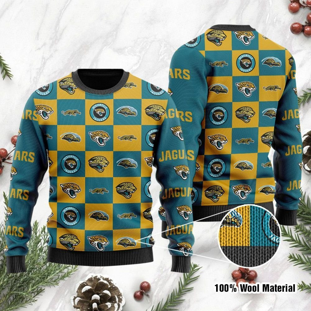 Jacksonville Jaguars Logo Checkered Flannel Design Ugly Christmas Sweater Adult 3D Funny Matching for family